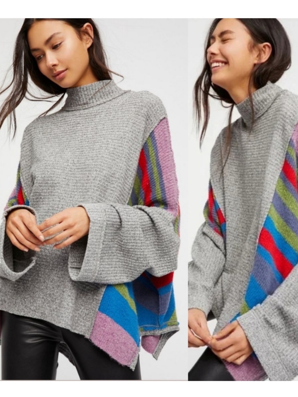 Free People Susie Oversized Dolman Sleeve Rainbow Stripe Sweater size L